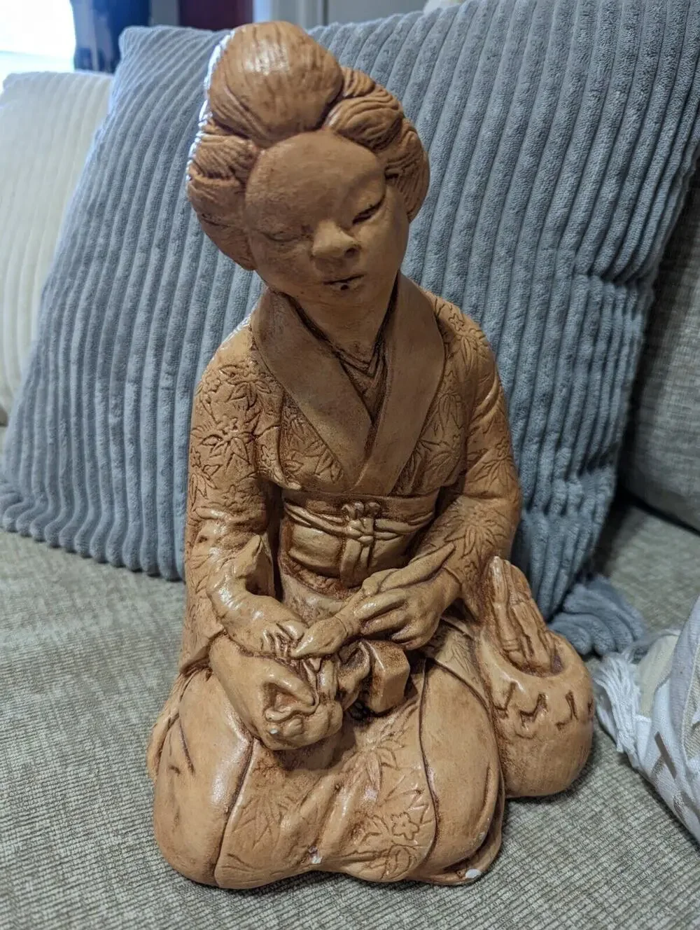 Rare Vintage Asian Geisha Figurine Woman Painting Duck 10 in Tall Mid-Century